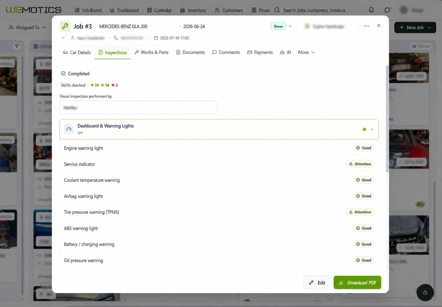 Wemotics job card — full vehicle intake and inspection record