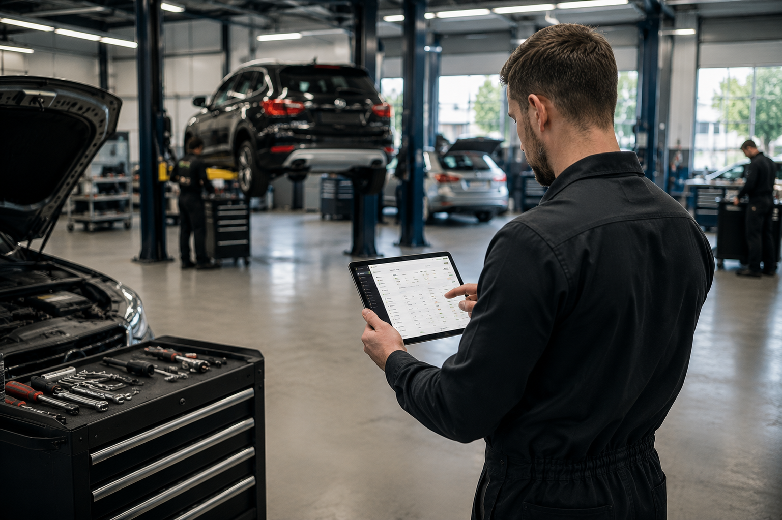 Mechanic using Wemotics on a tablet inside a modern auto workshop