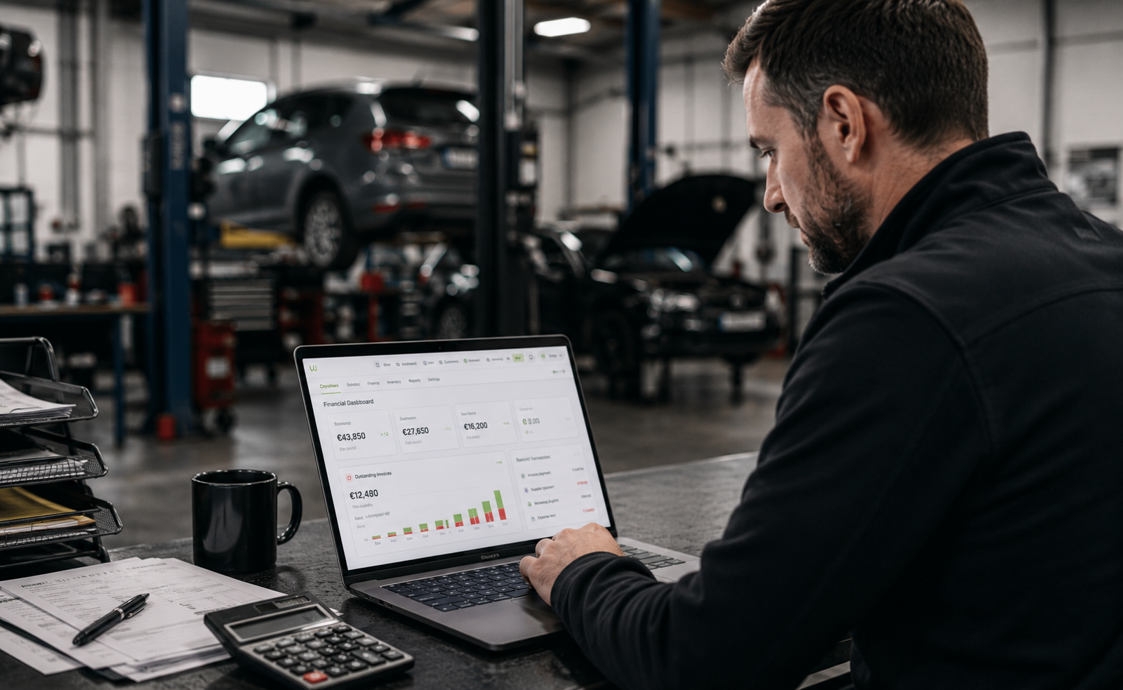 Workshop owner reviewing financial dashboard on a laptop